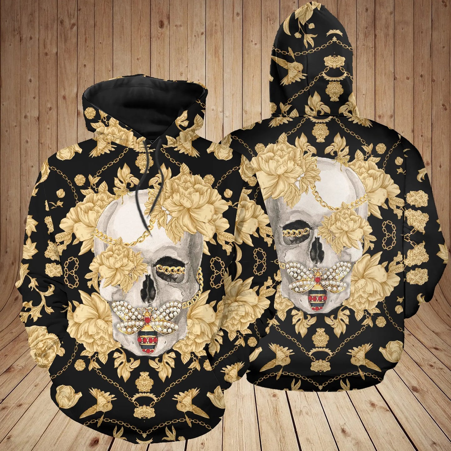 Fashion Pullover Hoodie with Skull 3D Floral Print