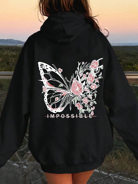 Rose Butterfly Impossible Letter Graphic Print Women Sweatshirt Fashion Warm Hooded Loose Casual Hoodies Fleece Soft Clothing