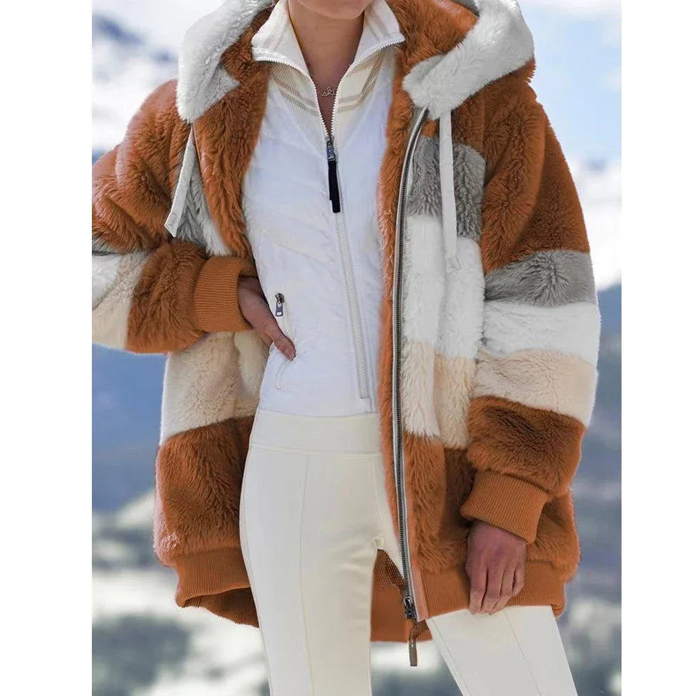 Winter Fashion Women's Coat 2024 Hooded Zipper Ladies Jacket Spliced Thick Cashmere Women Jacket Stitching Plaid Ladies Coats