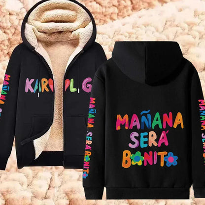 Karol G Hoodies Manana Sera Bonito Zipper Lambwool Coat Autumn Winter Thermal Print Jacket Unisex Sweatshirts Karol G Streetwear