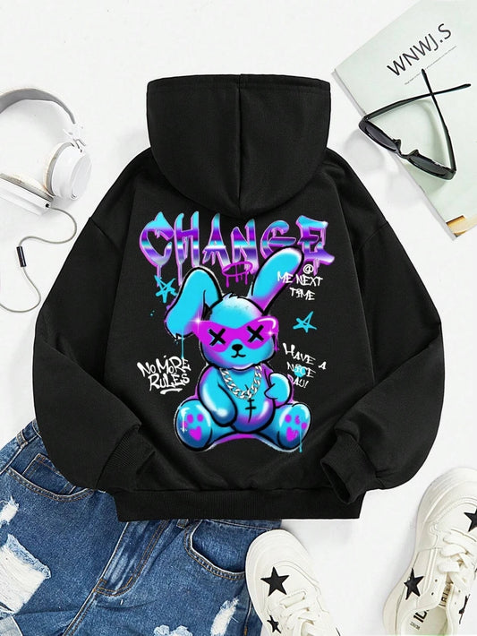 Trendy Rabbit Cartoons Print Sweatshirt Female Fashion All-Match Street Hoody Crewneck Casual Hoodies Pullover Oversize Clothing