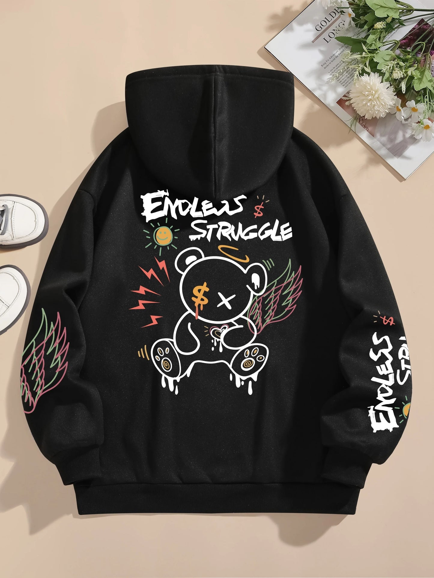 Street Women Sweatshirts Endless Struggle Graffiti Bear Printed Hoodies Crewneck Loose Pullover Fleece Warm Female Tops Clothes