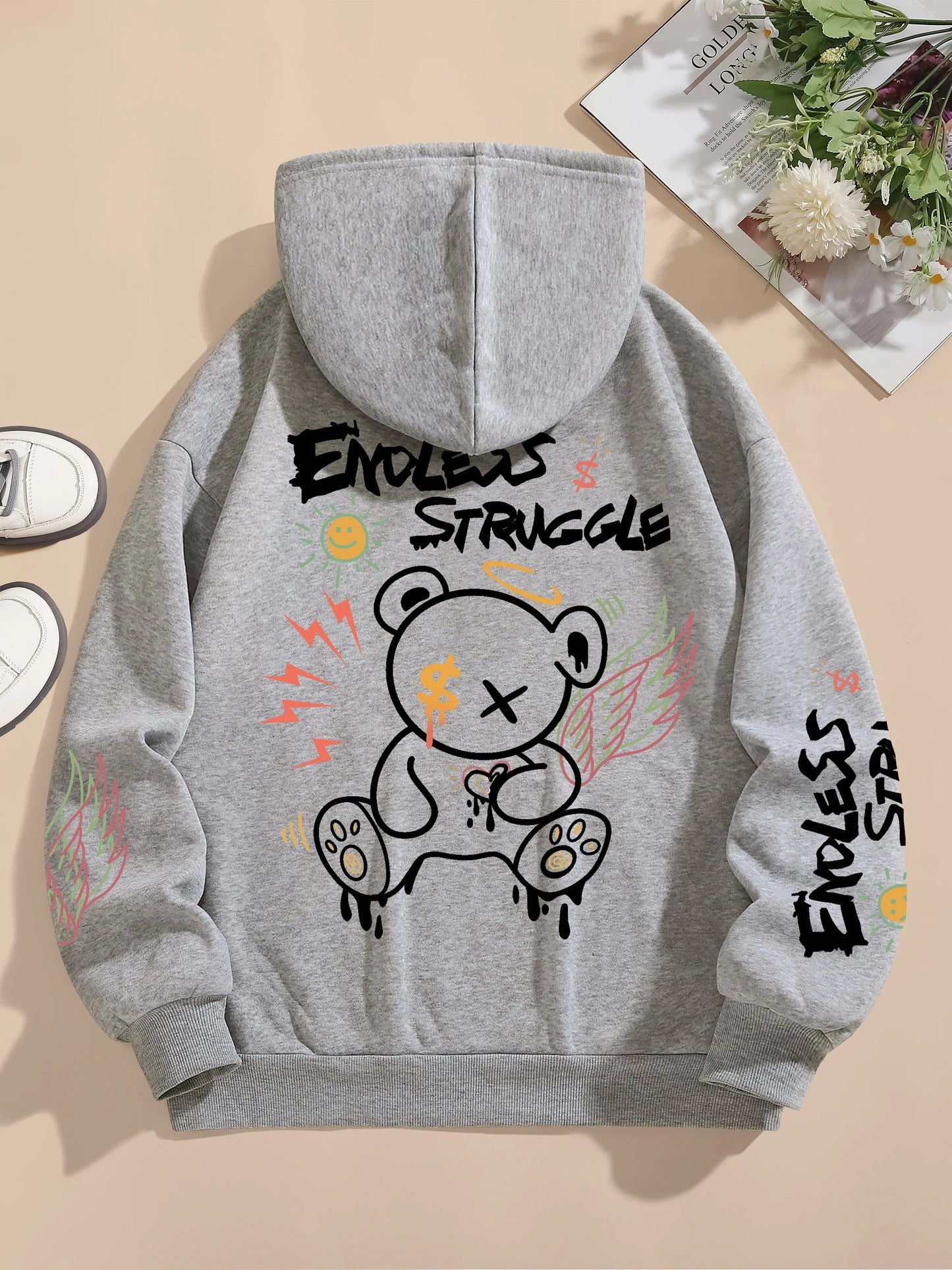 Street Women Sweatshirts Endless Struggle Graffiti Bear Printed Hoodies Crewneck Loose Pullover Fleece Warm Female Tops Clothes